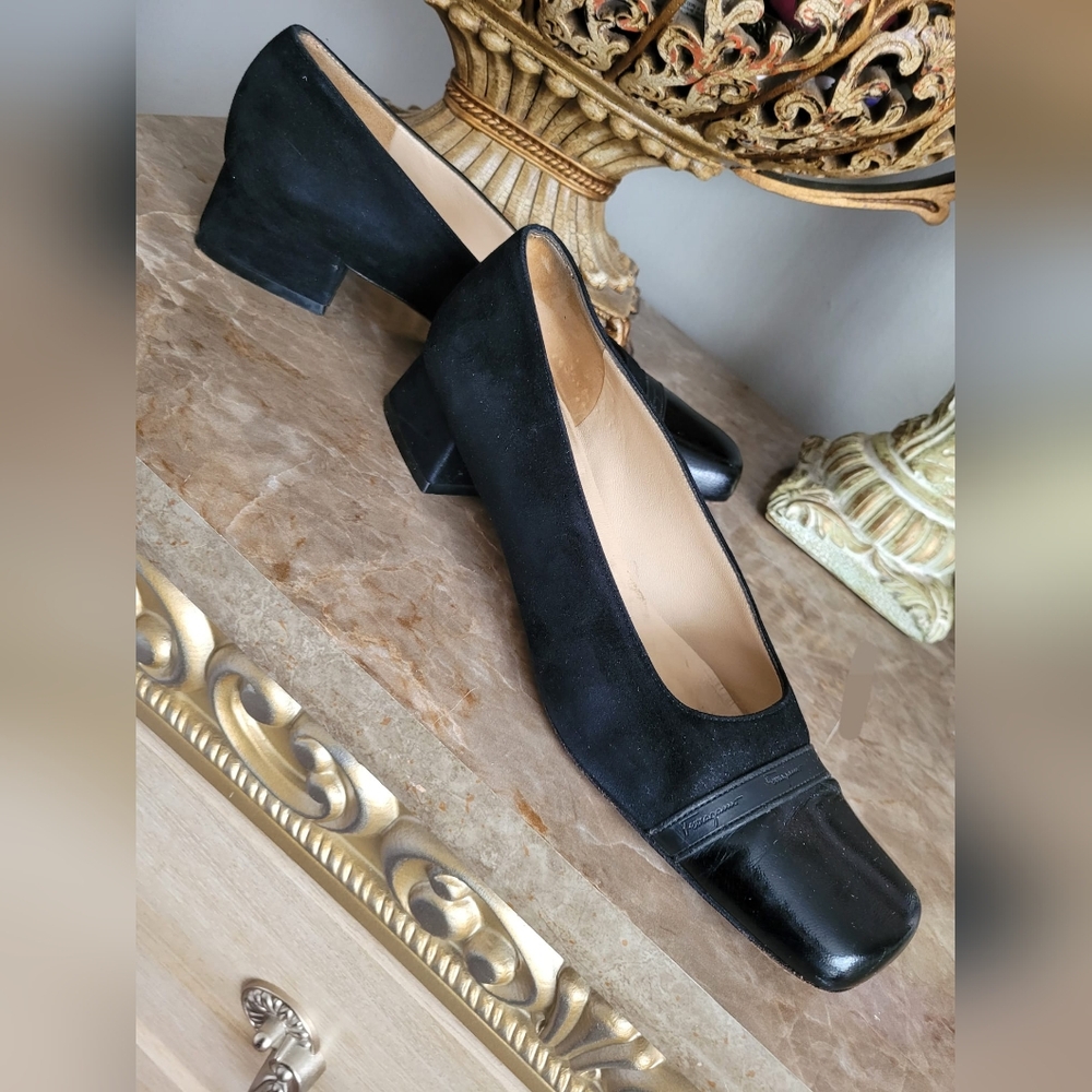 Salvatore Ferragamo Women Luxury Suede/Patent Square Classic Buisness Shoe 7.5
